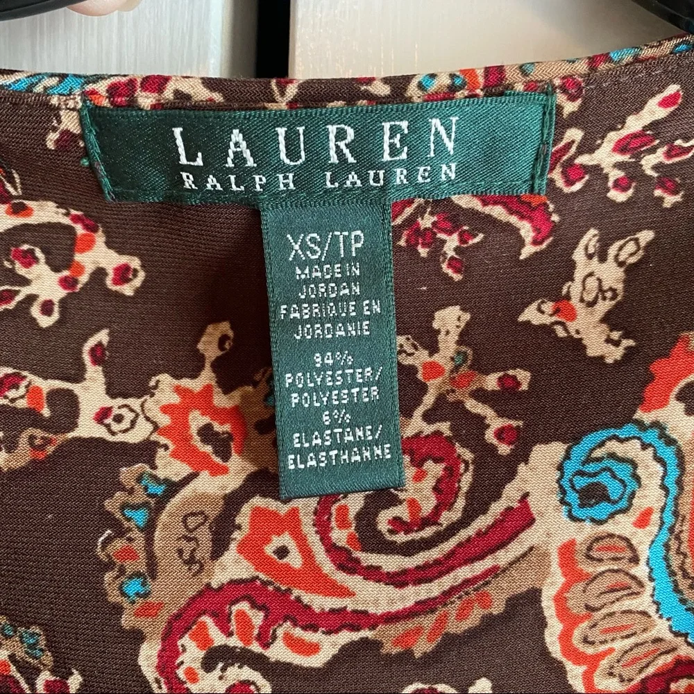 Lauren Ralph Lauren brown print faux wrap dress. Sz XS sleeveless - Picture 3 of 5